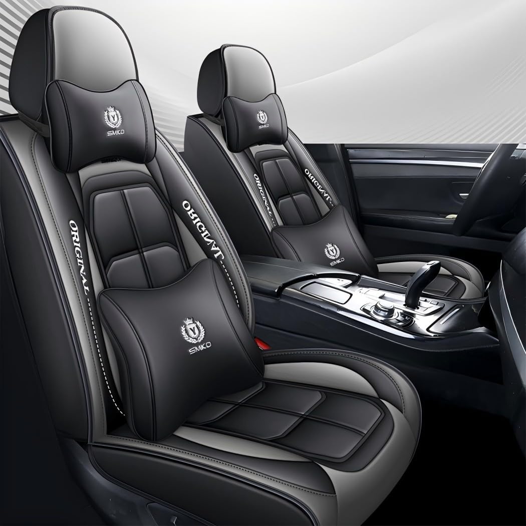 BGYFDU07 Seat Cover 5-Seater Full Set, Universal Type, Suitable for Most Cars, Cars, SUV, Trucks, Pickup Ttrucks, Airbags Compatible with Synthetic Leather Car Seat Cushion Protectors (Black Gray)