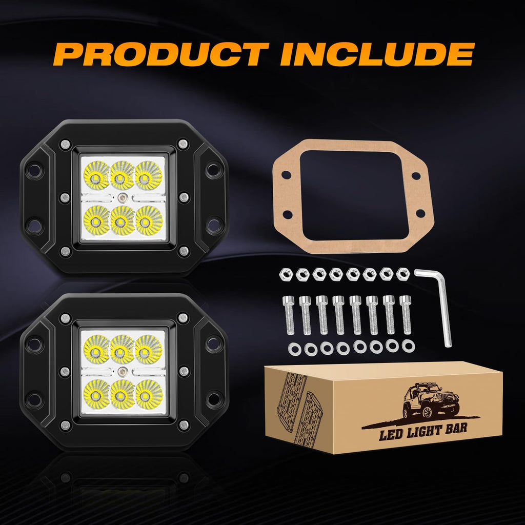 LED Light Bar 2PCS 18W LED Flood Off Road Light Pods, High Brightness LED Flood Beam Flush Mount Fog Lamps Driving Boats Work Lights for Truck Car Golf Cart SUV ATV Motor Jeep Tacoma Bumper