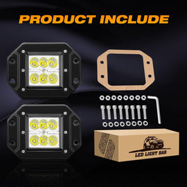 LED Light Bar 2PCS 18W LED Flood Off Road Light Pods, High Brightness LED Flood Beam Flush Mount Fog Lamps Driving Boats Work Lights for Truck Car Golf Cart SUV ATV Motor Jeep Tacoma Bumper