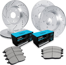 R1 Concepts Front and Rear Brakes and Rotors| Drilled Slotted Brake Rotors| Front and Rear Ceramic Brake Pads and Rotors Kit| Automotive Replacement Brake Kits