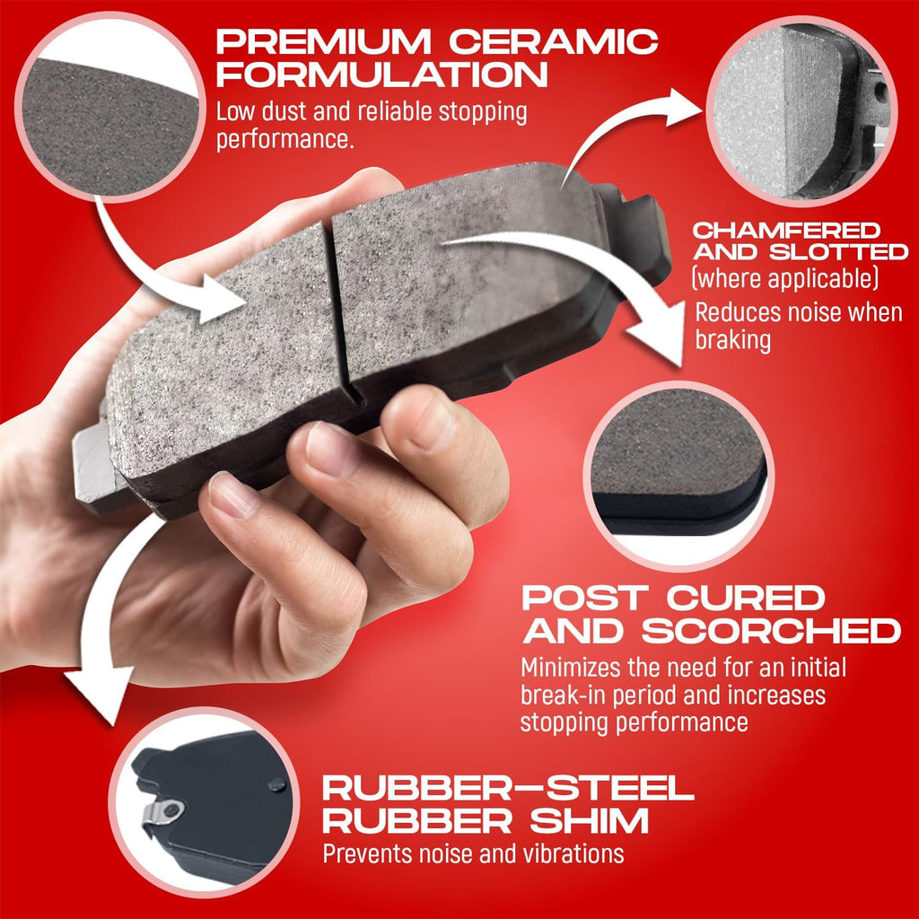 R1 Concepts Front and Rear Brakes and Rotors| Drilled Slotted Brake Rotors| Front and Rear Ceramic Brake Pads and Rotors Kit| Automotive Replacement Brake Kits