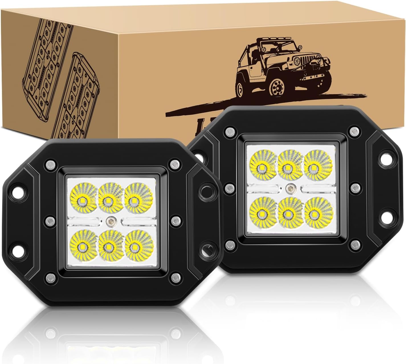 LED Light Bar 2PCS 18W LED Flood Off Road Light Pods, High Brightness LED Flood Beam Flush Mount Fog Lamps Driving Boats Work Lights for Truck Car Golf Cart SUV ATV Motor Jeep Tacoma Bumper