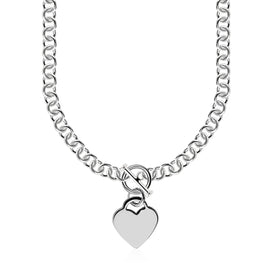 Sterling Silver Rolo Chain with a Heart Toggle Charm and Rhodium Plating