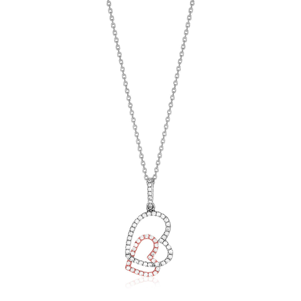 Sterling Silver Two Toned Necklace with Hearts and Cubic Zirconias in Lobster Claw Lock