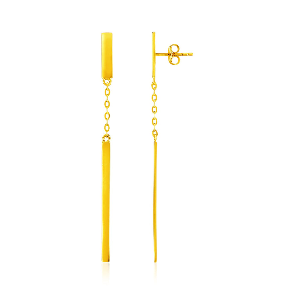 Yellow Gold 14k Polished Bar Earrings with Chain and Bar Drop in Push Back Backing