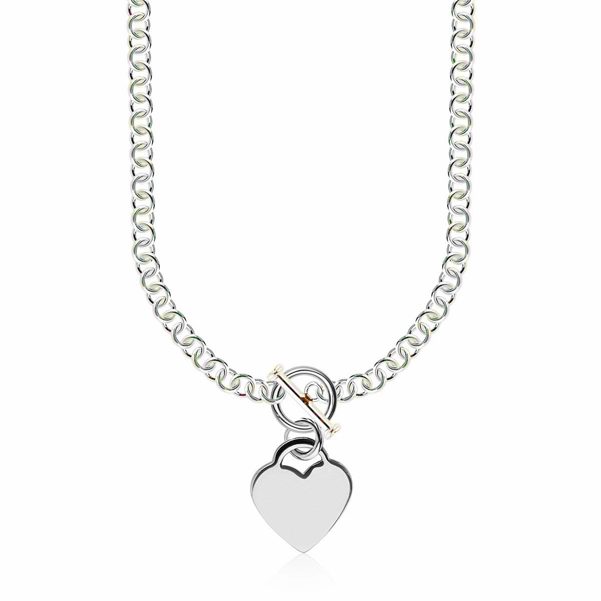 Sterling Silver Stunning Rhodium Plated Rolo Chain Women's Necklace with a Heart Toggle Charm