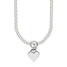 Sterling Silver Stunning Rhodium Plated Rolo Chain Women's Necklace with a Heart Toggle Charm