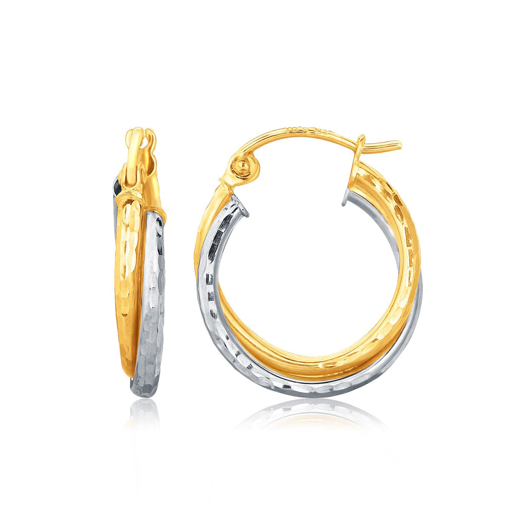 Two-Tone Gold 14k Interlaced Hoop Earrings with Hammered Texture in Snap Lock