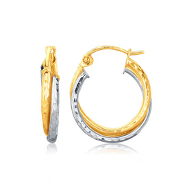 Two-Tone Gold 14k Interlaced Hoop Earrings with Hammered Texture in Snap Lock