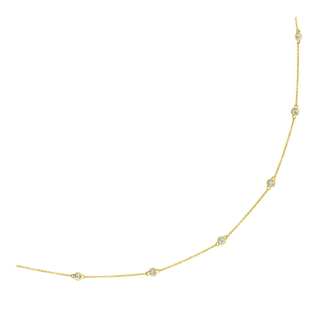 Yellow Gold 14k Station Necklace with Round Diamonds in Lobster Claw Lock
