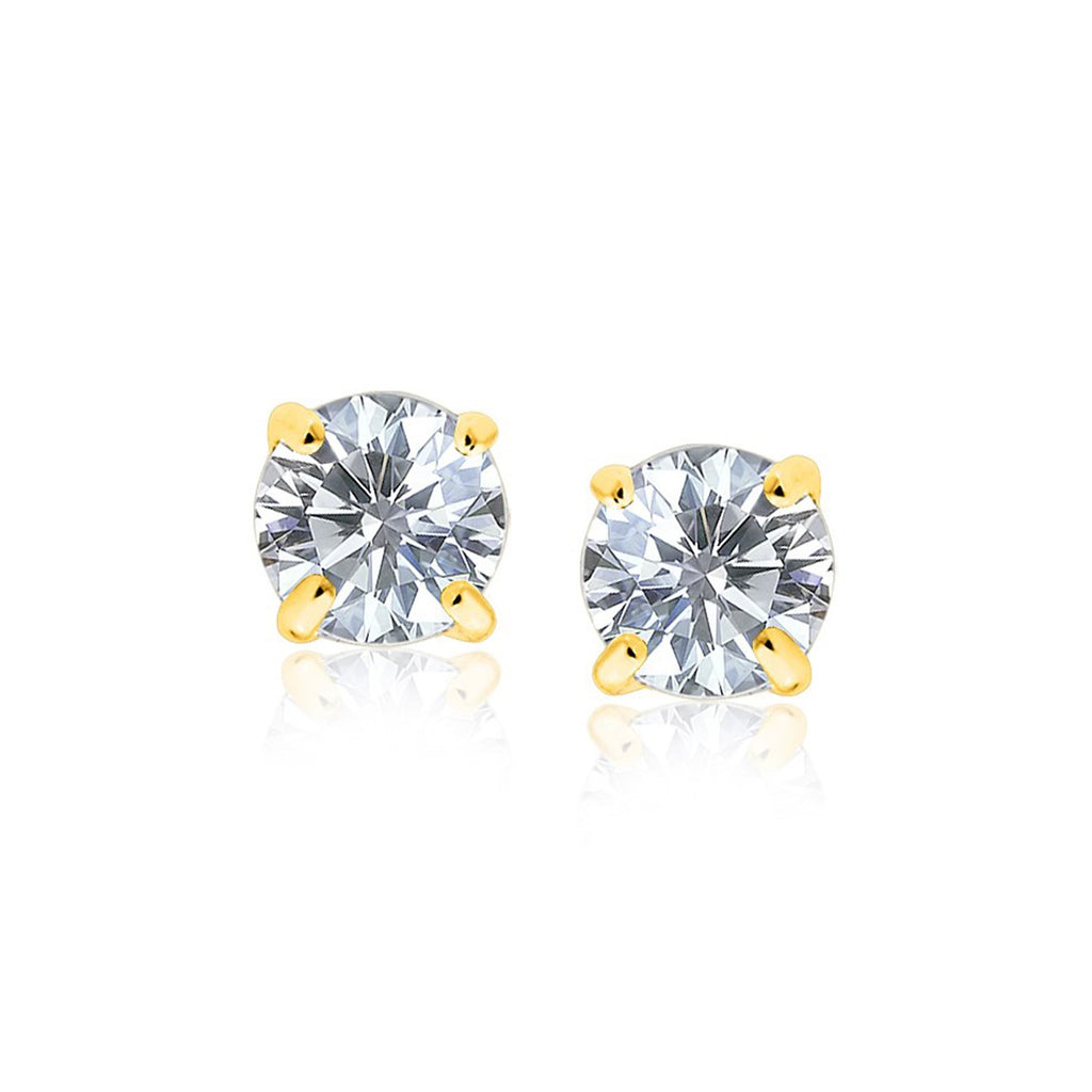 Yellow Gold 14k 8.0mm Round CZ Stud Earrings in Push Back Backing