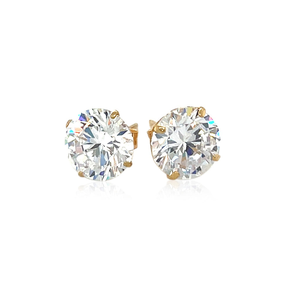 Yellow Gold 14k 8.0mm Round CZ Stud Earrings in Push Back Backing