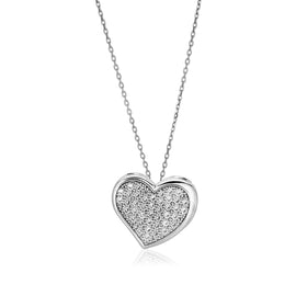 Sterling Silver Heart Necklace with Cubic Zirconias in Lobster Claw Lock