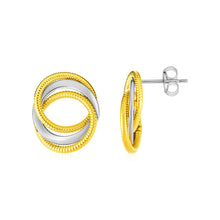 Load image into Gallery viewer, Two Tone Gold 14k Post Earrings with Three Interlocking Circles in Push Back Backing