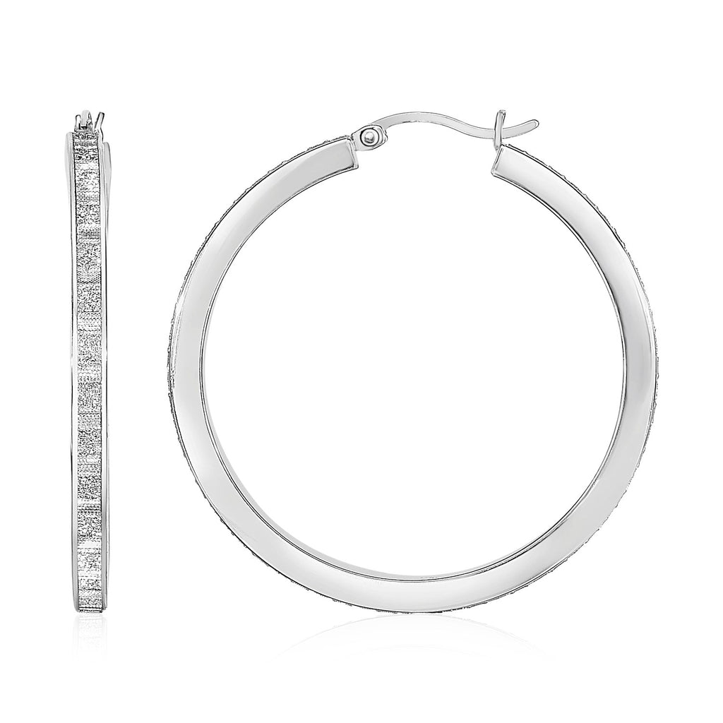 Sterling Silver Glitter Textured Square Tube Hoop Earrings in Hinged Snap Back