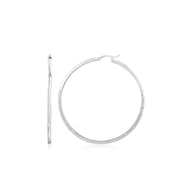 Sterling Silver Large Textured Rectangular Profile Hoop Earrings in Hinged Snap Back