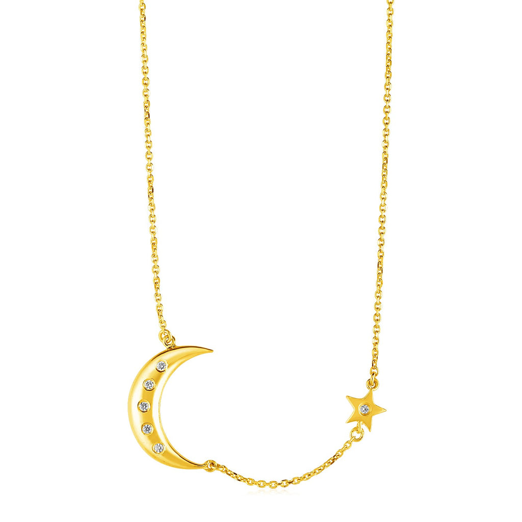 Yellow Gold 14k Necklace with Moon and Star & Diamonds in Spring Ring Clasp
