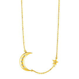 Yellow Gold 14k Necklace with Moon and Star & Diamonds in Spring Ring Clasp