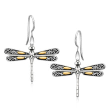Load image into Gallery viewer, Yellow Gold 18k and Sterling Silver Dragonfly Motif Drop Earrings in French Wire
