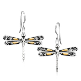 Yellow Gold 18k and Sterling Silver Dragonfly Motif Drop Earrings in French Wire