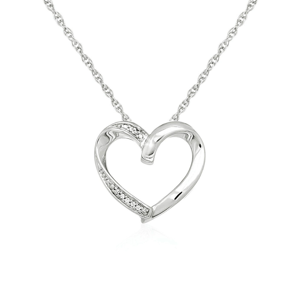 Sterling Silver Open Heart Pendant with Diamonds in Lobster Claw Lock