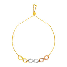 Load image into Gallery viewer, Adjustable Bracelet with Infinity Symbols in 14k Tri Color Gold