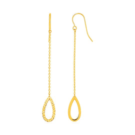 Yellow Gold 14k Textured Pear Shaped Long Drop Earrings in French Wire