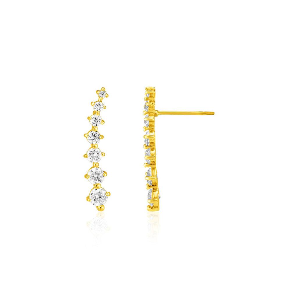 Yellow Gold 14k Climber Post Earrings with Cubic Zirconias in Push Back Backing