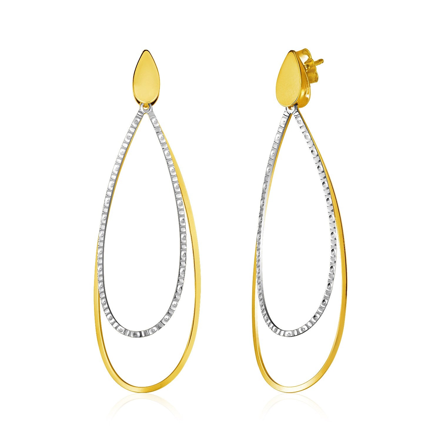 Two Tone Gold 14k Textured and Polished Open Teardrop Post Earrings in Push Back Backing