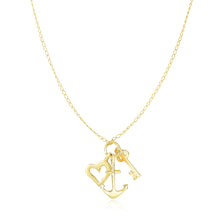 Load image into Gallery viewer, Yellow Gold 14k Anchor, Heart, and Skeleton Key Cluster Charm Necklace