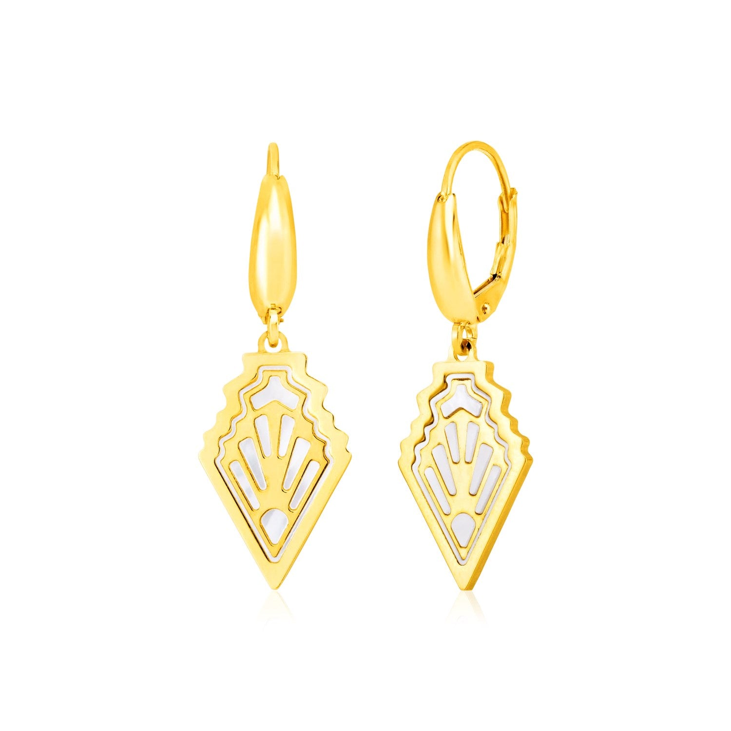 Yellow Gold 14k Art Deco Earrings with Mother of Pearl Inlay in Pushback Clasps
