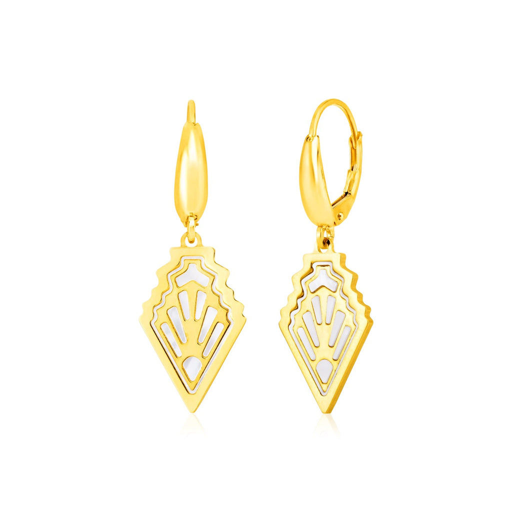 Yellow Gold 14k Art Deco Earrings with Mother of Pearl Inlay in Pushback Clasps