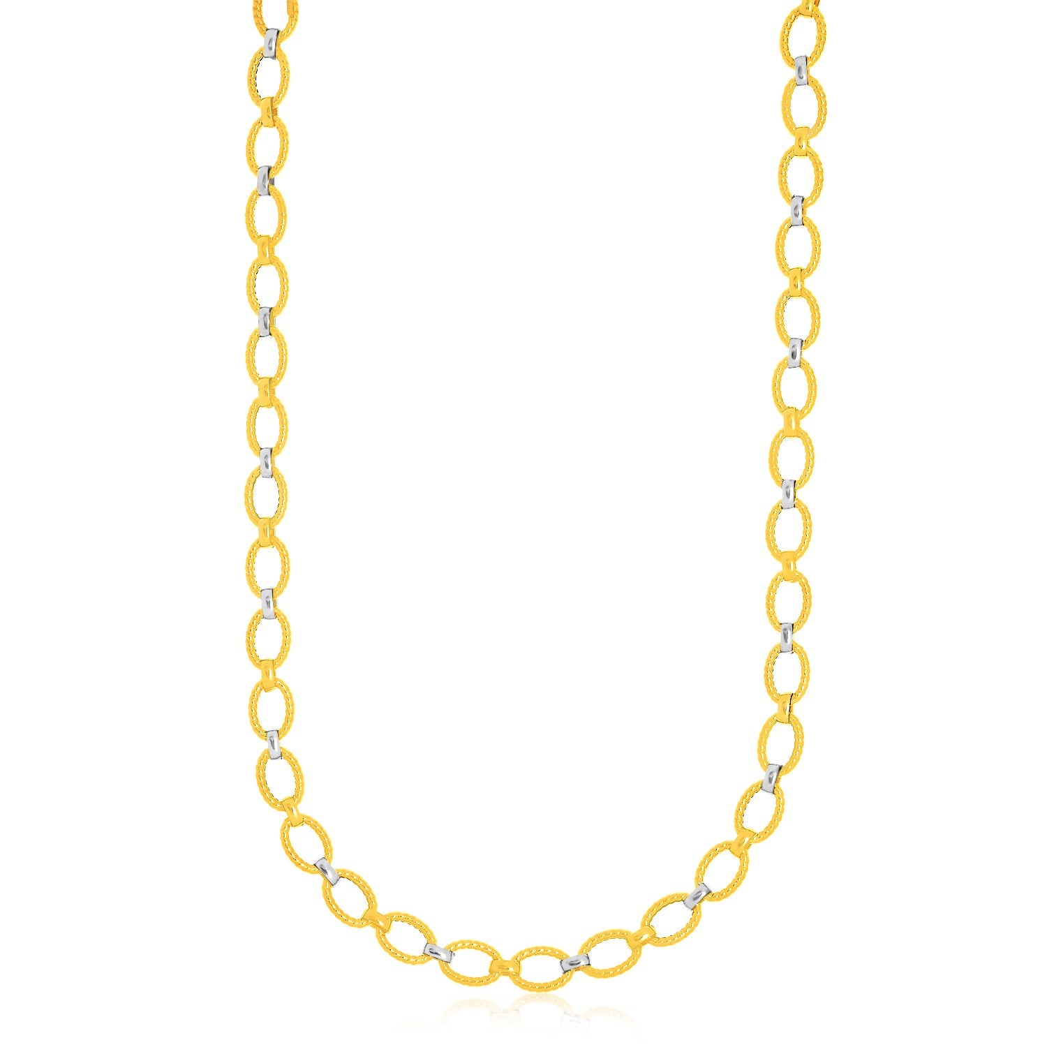 Two-Tone Gold 14k Multi-Textured Oval Link Fancy Necklace in Lobster Claw Lock
