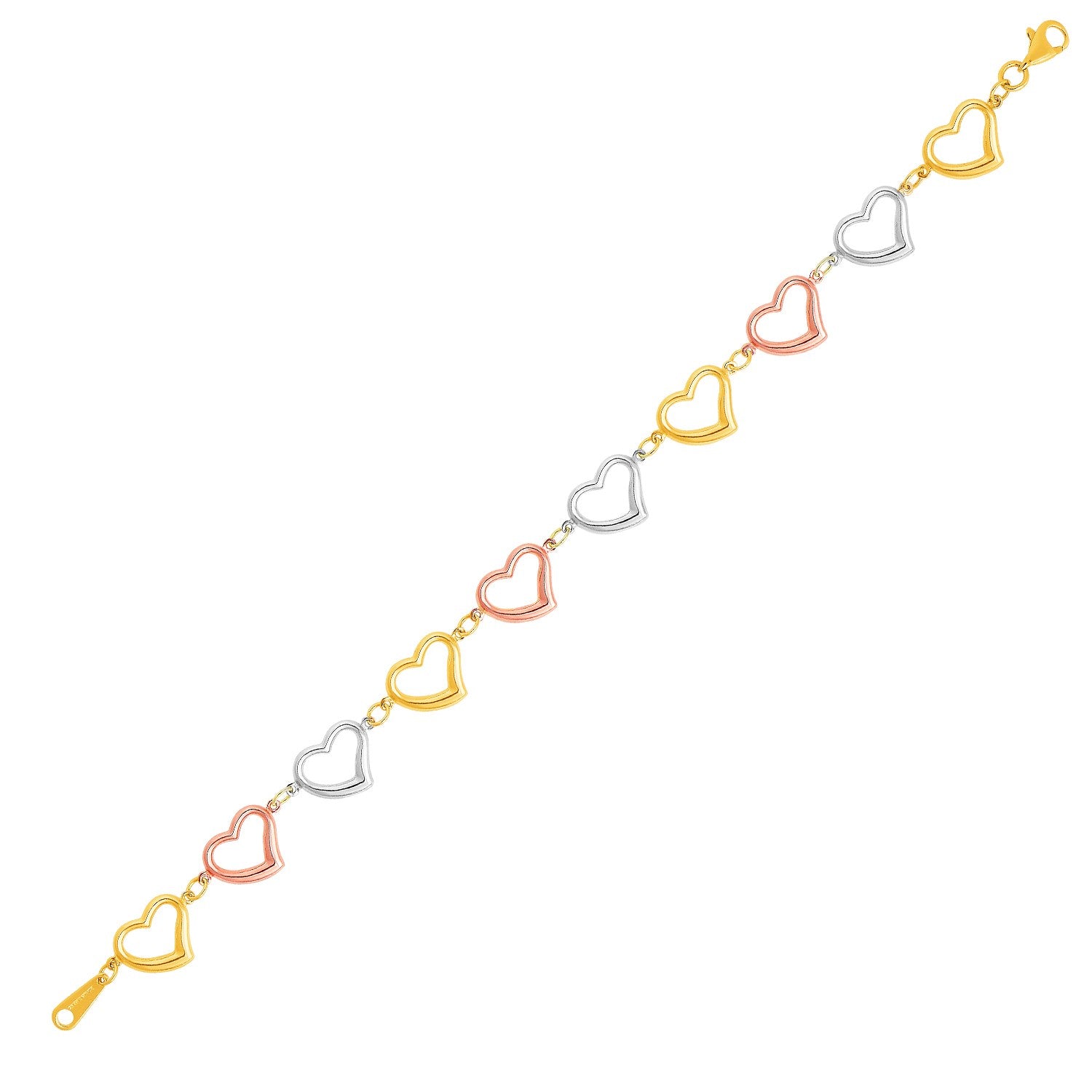 Three-Toned Yellow, White, and Rose Gold 14k Open Heart Bracelet in Lobster Claw Lock