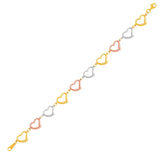 Three-Toned Yellow, White, and Rose Gold 14k Open Heart Bracelet in Lobster Claw Lock
