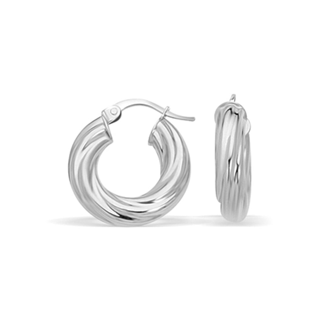 White Gold 14k Fancy Twist Hoop Earrings 7-8 inch Diameter in Hinged Snap Back