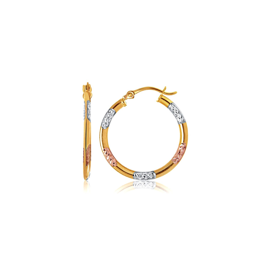 Tri-Color 10k Gold Classic Hoop Earrings with Diamond Cut Details in Snap Lock