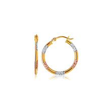 Load image into Gallery viewer, Tri-Color 10k Gold Classic Hoop Earrings with Diamond Cut Details in Snap Lock
