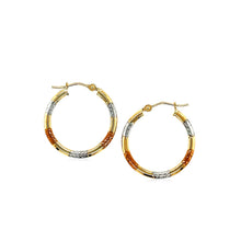 Load image into Gallery viewer, Tri-Color 10k Gold Classic Hoop Earrings with Diamond Cut Details in Snap Lock