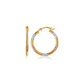 Tri-Color 10k Gold Classic Hoop Earrings with Diamond Cut Details in Snap Lock