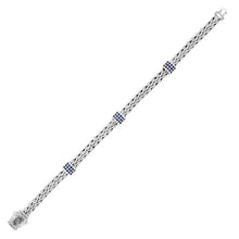 Load image into Gallery viewer, Sterling Silver Woven Bracelet with Blue Sapphire Stations in Push Button