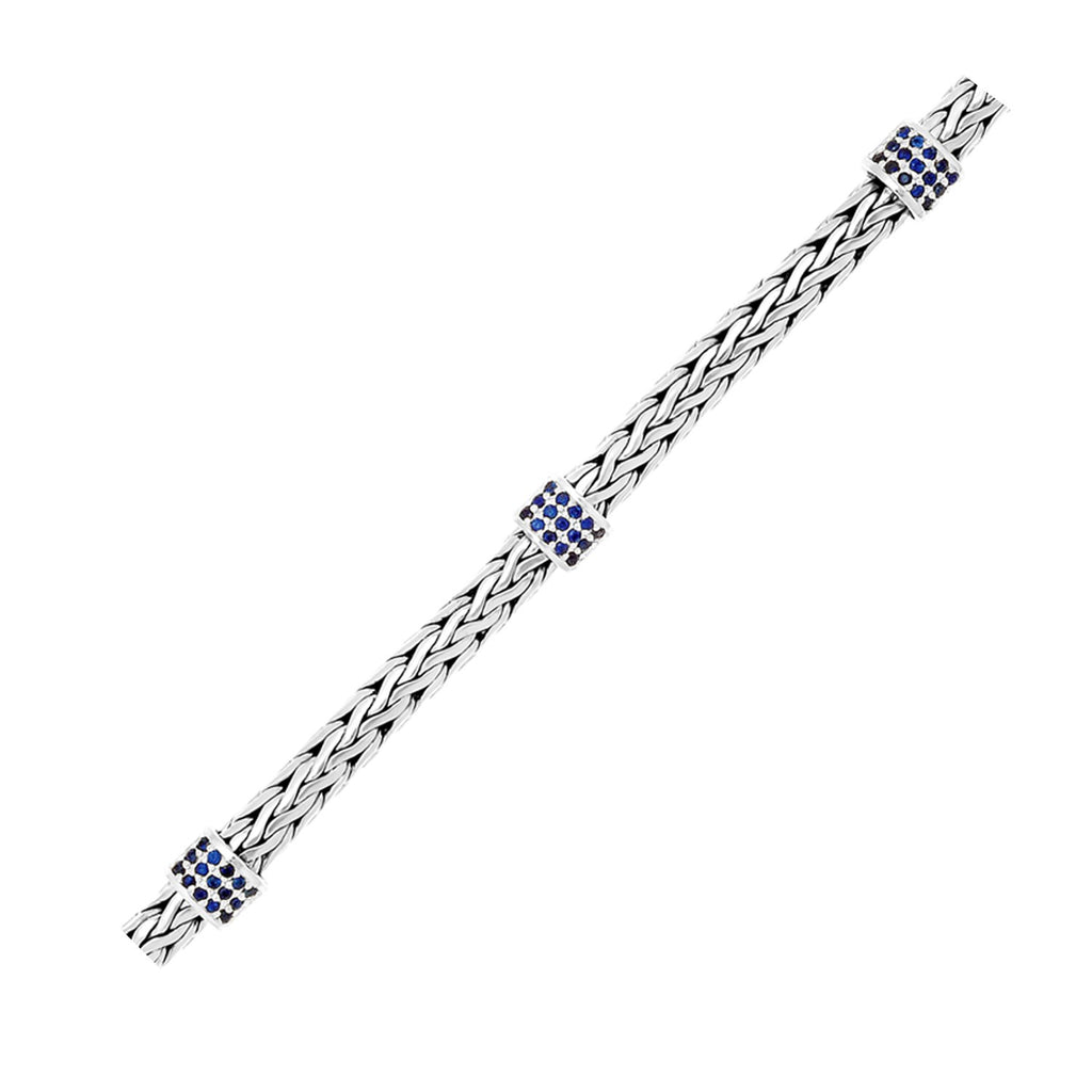 Sterling Silver Woven Bracelet with Blue Sapphire Stations in Push Button