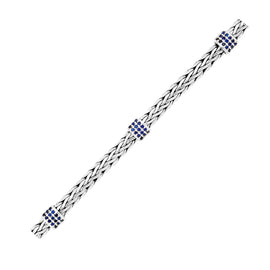Sterling Silver Woven Bracelet with Blue Sapphire Stations in Push Button