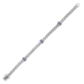 Sterling Silver Woven Bracelet with Blue Sapphire Stations in Push Button