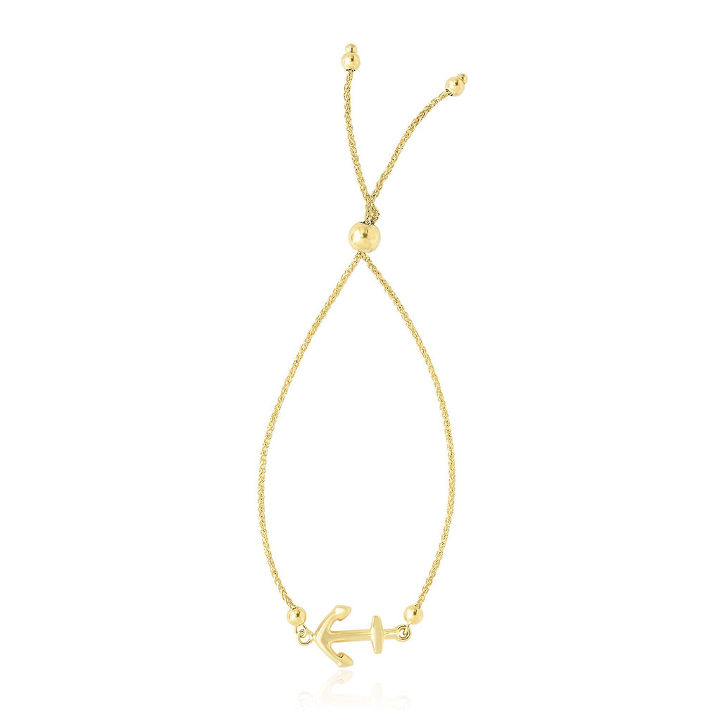 Yellow Gold 14k Anchor Design Adjustable Lariat Bracelet in Draw String Clasp