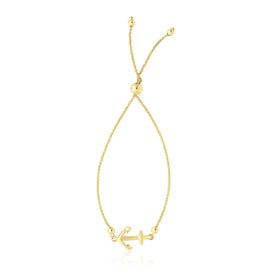 Yellow Gold 14k Anchor Design Adjustable Lariat Bracelet in Draw String Clasp
