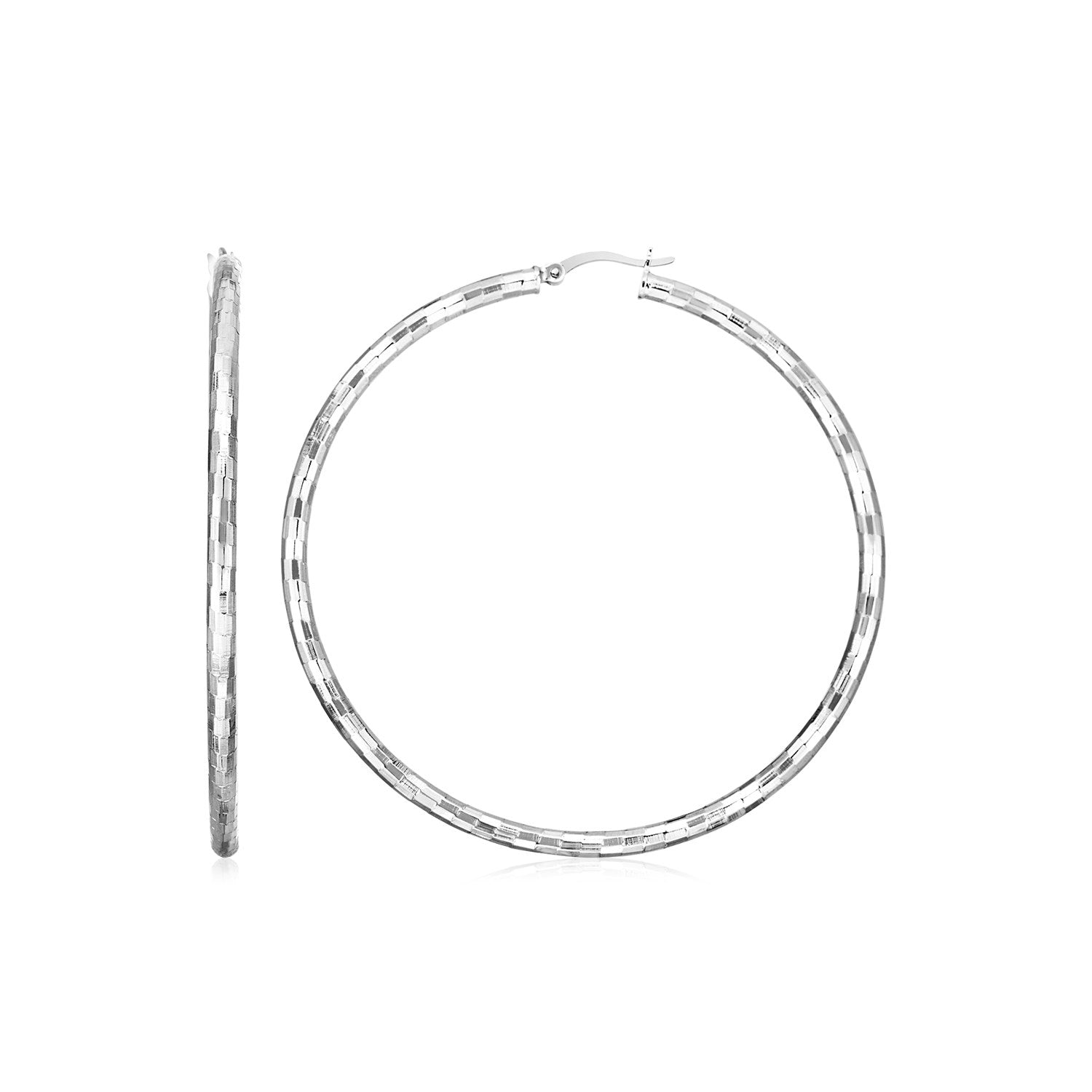 Sterling Silver Large Hoop Earrings with Hammered Texture in Hinged Snap Back