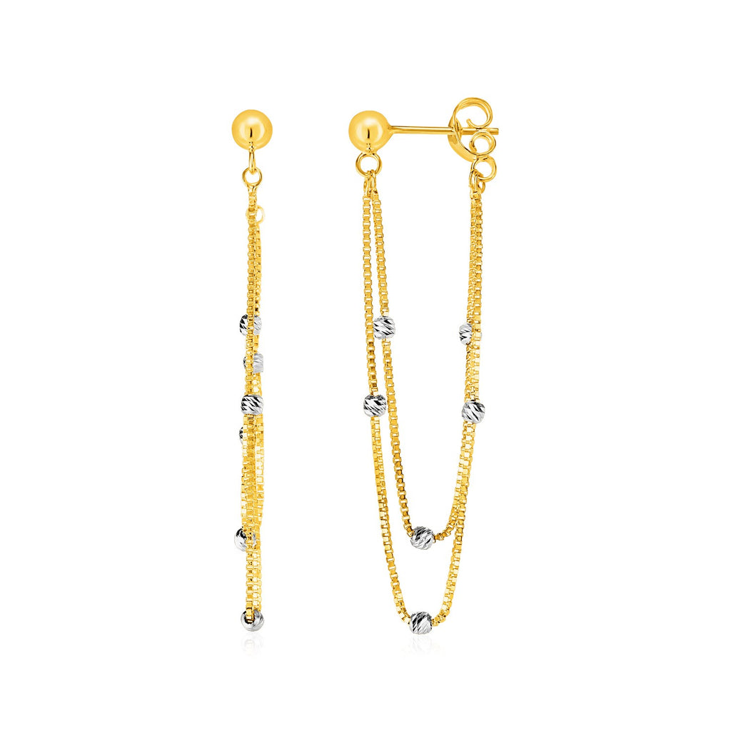 Yellow and White Gold 14k Hanging Chain Post Earrings with Bead Accents