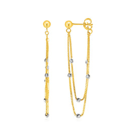 Yellow and White Gold 14k Hanging Chain Post Earrings with Bead Accents