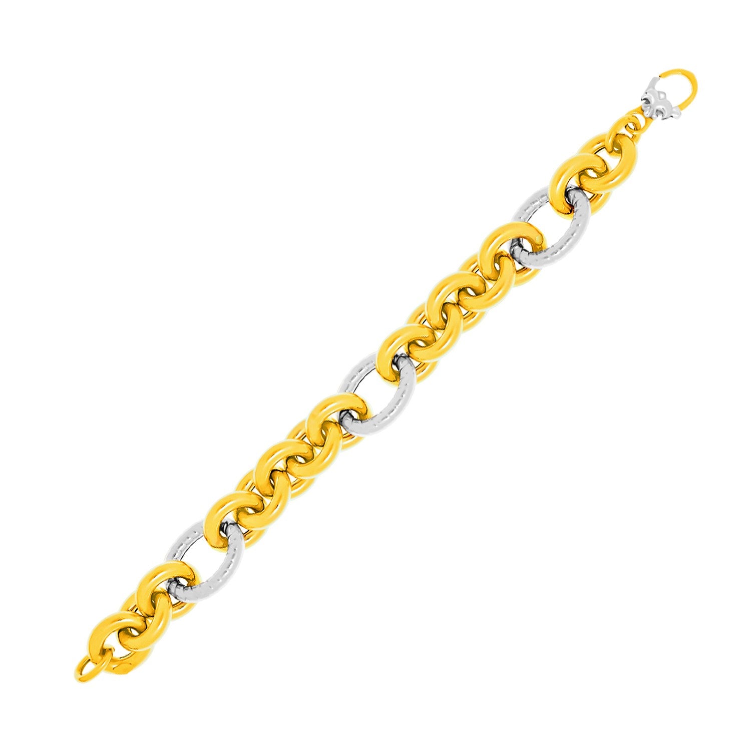 Two-Tone Gold 14k Round and Textured Oval Link Bracelet in Lobster Claw Lock